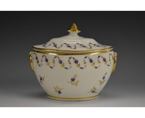 A Pinxton oval sucrier and cover, drop ring handles,  decorated with undulating chantilly sprigs, gilt line borders, loop han
