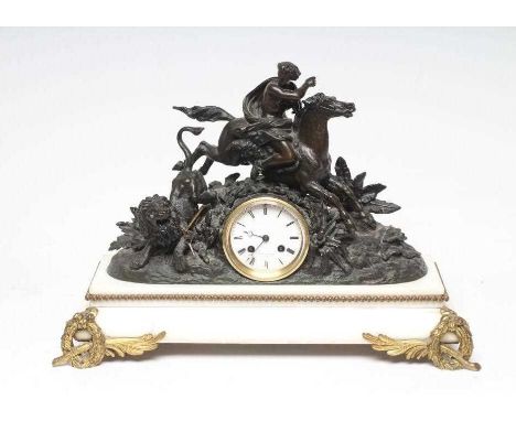 A FRENCH SPELTER AND WHITE MARBLE MANTEL CLOCK, c.1900, the twin barrel movement with outside count wheel striking the hour a