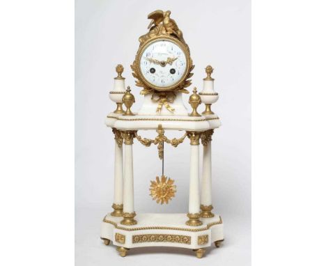 A GILT METAL AND WHITE MARBLE PORTICO CLOCK, French, 19th century, the twin barrel movement striking on a bell, 3 3/4" white 