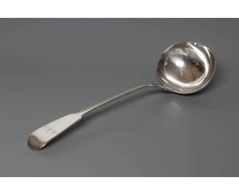 A LATE GEORGE III SILVER SOUP LADLE, maker's mark GB, London 1819, in Fiddle pattern, engraved "AHG", 12 1/2" long, 6ozs 9dwt