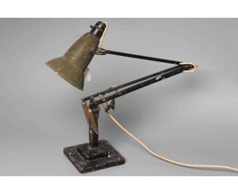 A HERBERT TERRY AND SONS BLACK ANGLE POISE LAMP, 1930's, the metal alloy shade with Crabtree bakelite fitting, on stepped squ