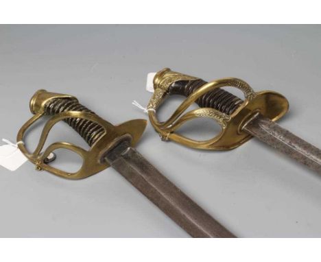 TWO FRENCH LIGHT CAVALRY SABRES, both 19th century, one with 30" blade, brass foliate decorated hilt and horn grip, 36" long,