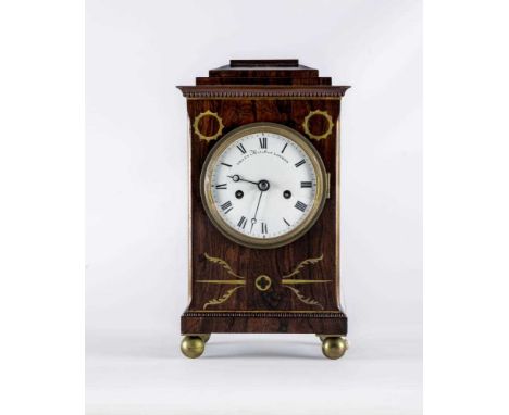 A REGENCY ROSEWOOD MANTEL CLOCK, signed Grant, Fleet Street London, the twin barrel double fusee movement with anchor escapem