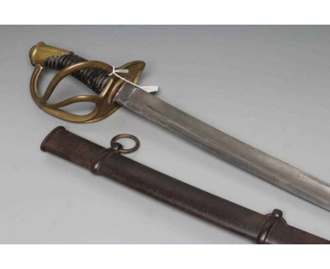 A FRENCH M1822 LIGHT CAVALRY SABRE with 35 1/2" curved blade, brass hilt, ribbed leather grip and steel scabbard, 43" long (E