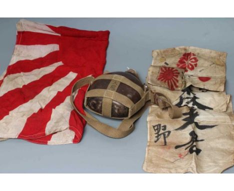 JAPANESE SECOND WORLD WAR ITEMS, comprising a sun flag, a silk script pennant and an Imperial Army water bottle (3) (Est. plu