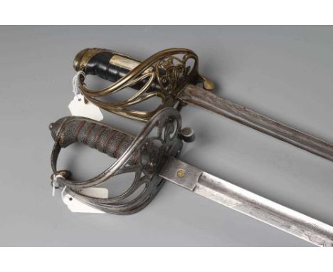 TWO BRITISH OFFICER'S SWORDS, comprising an 1845 pattern bearing plaque "GIVEN TO MR D WAGSTAFF BY MAJOR D ROSTRON 14TH PUNJA