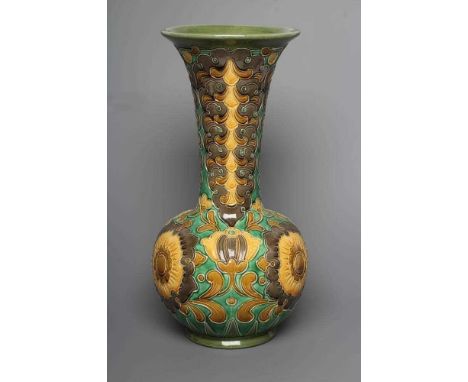 A BURMANTOFTS FAIENCE VASE, early 20th century, of globular form with tall flared cylindrical neck, tubelined and painted in 