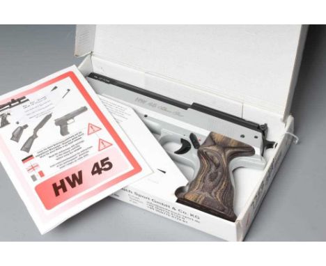 A WEIHRAUCH HW45 SILVER STAR .22 AIR PISTOL with fibre optic front sight, adjustable fibre optic rear sight, manual safety, t