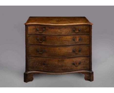A GEORGIAN MAHOGANY SERPENTINE CHEST, third quarter 18th century, the moulded edged top over four graduated cockbeaded drawer