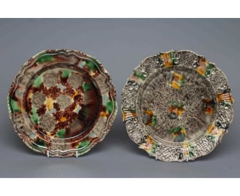 TWO WHIELDON EARTHENWARE PLATES, mid 18th century, of silver shape, one with moulded gadrooned rim, the other with diaper, ba