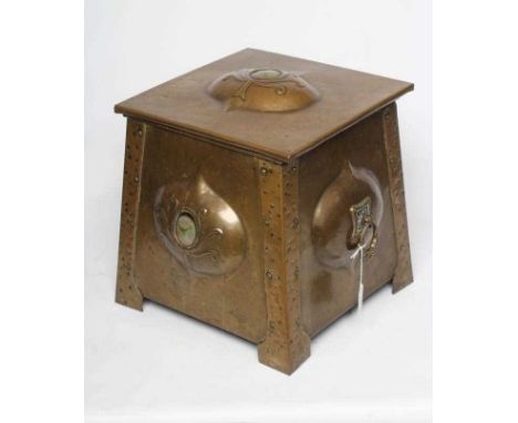 AN ARTS AND CRAFTS STYLE BRASS COAL BOX, c.1900, of square tapering form with loop carrying handles and studded strap angles,