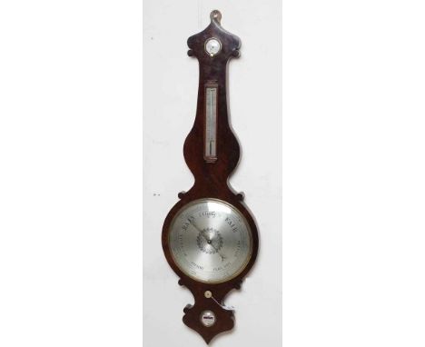 A LARGE MAHOGANY WHEEL BAROMETER, 19th century, with thermometer and 12" silvered dial, the scroll edged case with pointed fi