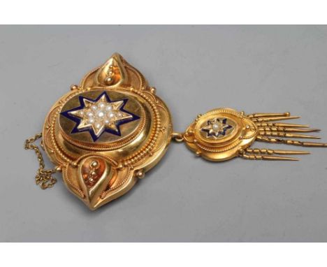 A VICTORIAN BROOCH, the quatrefoil panel centred by a seed pearl star within a dark blue enamel border, pendant with a simila