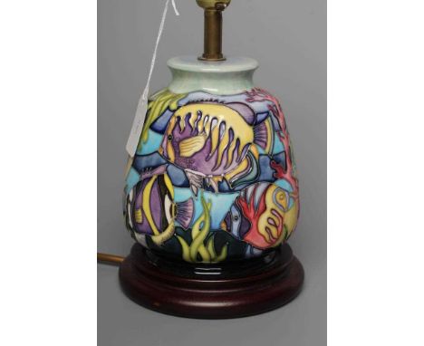 A MOORCROFT POTTERY MARTINIQUE PATTERN TABLE LAMP, modern, of rounded tapering cylindrical form, tubelined and painted in bri