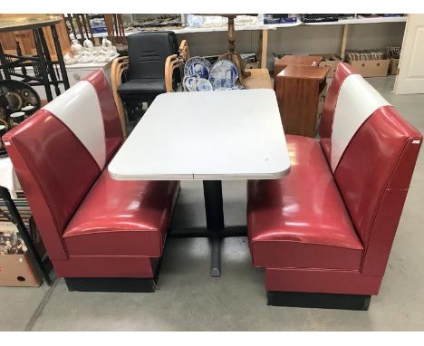 A pair of retro style American Diner 2 seater bench seats and an aluminium topped table (reproduction)