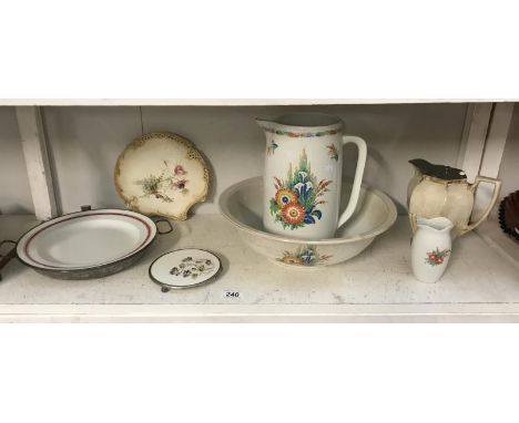 An Edwardian jug and basin set and a 19th century riveted Royal Worcester plate etc.