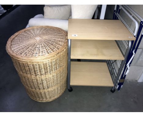 A wicker linen basket, clothes airer &amp; shelf unit