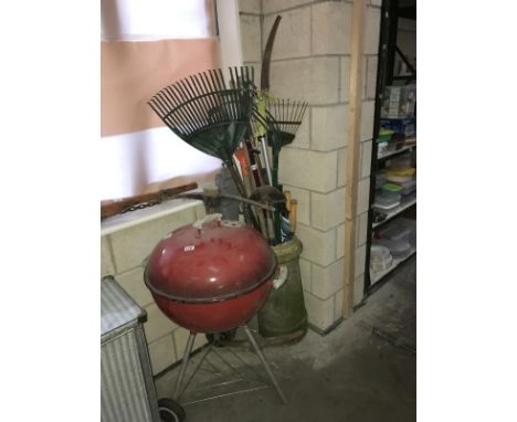 A Weber BBQ &amp; a sunshade plus a large amount of garden tools with chimney pot