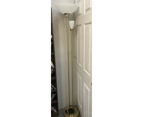 A brushed brass floor standing double uplighter standard lamp (small shade a/f)