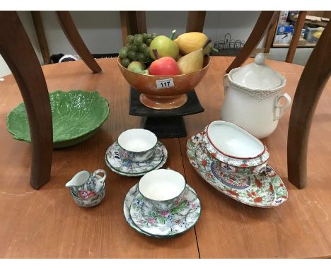 A Copeland Spode 'Patricia' pair of trios with jug &amp; bowl including artificial fruit etc.