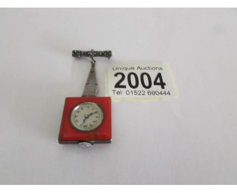 A ladies fob/pendant watch in silver enamel and diamonte, a/f, (makers mark M C &amp; Co.,)