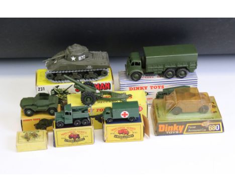 Seven Boxed military diecast models to include 4 x Dinky (622 10-Ton Army Truck, 693 7.2 Howitzer, 673 Scout Car - missing si