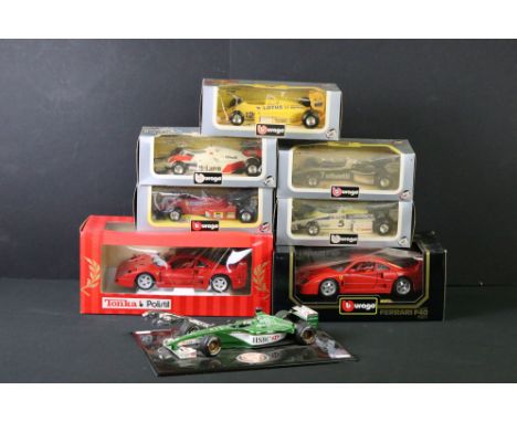 Seven boxed racing / sports car diecast models to include 6 x Burago (3032 1/18 Ferrari F40 (squashing to box window) &amp; 5