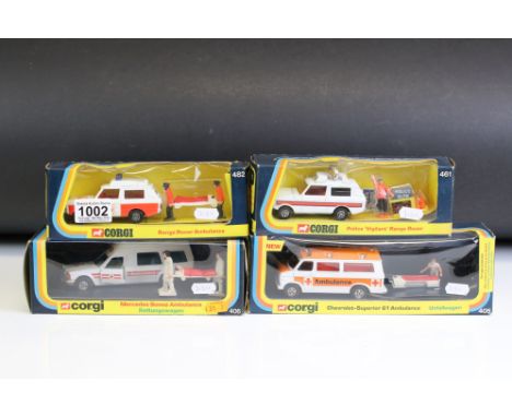 Four boxed Corgi emergency service diecast model sets to include 405 Chevrolet Superior 61 Ambulance, 406 Mercedes Bonna Ambu