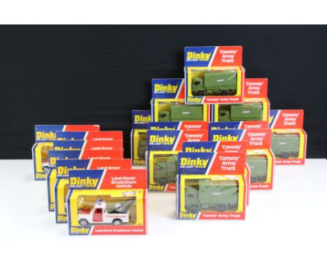 Ex Shop Stock Dinky - 18 Boxed Dinky diecast models to include 12 x 687 Convoy Army Truck and 6 x 442 Land Rover Breakdown Ve