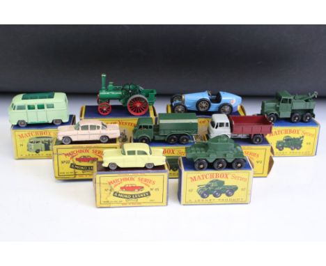 Nine boxed Matchbox diecast models to inlclude 7 x Matcbox Lesney Series featuring 64 Scammel Break Down Truck, 67 Saladin Ar