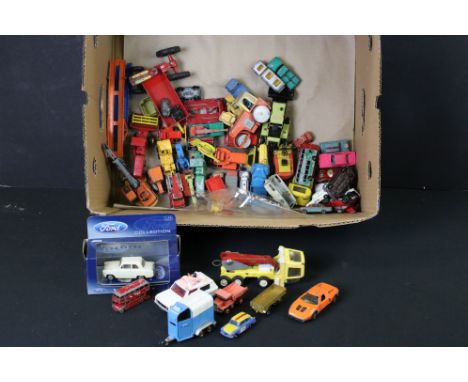 Quantity of mid 20th C play worn models, mainly diecast examples, to include Matchbox, Corgi, Dinky, Lone Star etc plus a box