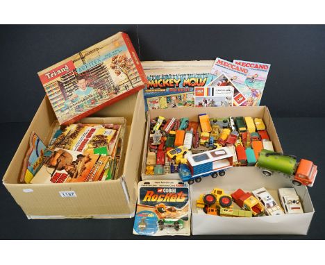 Around 65 play worn diecast models, mainly mid 20th C, to include Corgi, Matchbox &amp; Dinky, featuring Dinky Johnston Road 