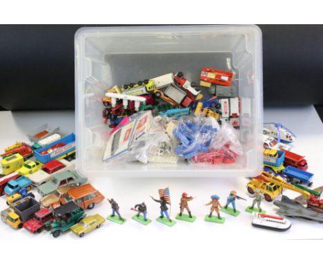 Around 60 mid 20th C onwards play worn diecast models to include Triang Spot-On, Corgi, Matchbox and Britains examples, featu