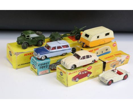 Five Boxed diecast models to include 4 x Dinky (697 25-Pounder Field Gun Set, 190 Caravan (box missing end tabs), 109 Austin-