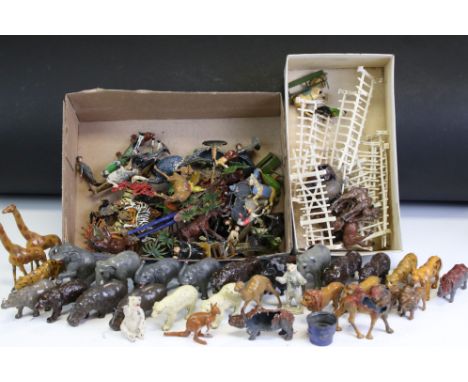 Around 60 mid 20th C play worn metal figures, mostly zoo and circus related, to include Charbens, Britains and J Hill &amp; C