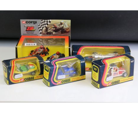 Five boxed Corgi diecast models to include 46 Hermetite Zip Kart Super Karts, 169 Arnold Sundquist's Silver Streak Swedish Je