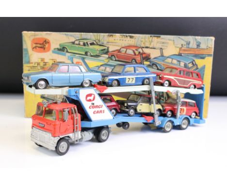 Boxed Corgi Gift Set 41 Car Transporter and 6 Cars, diecast in a good play worn condition, box grubby and showing wear but fa