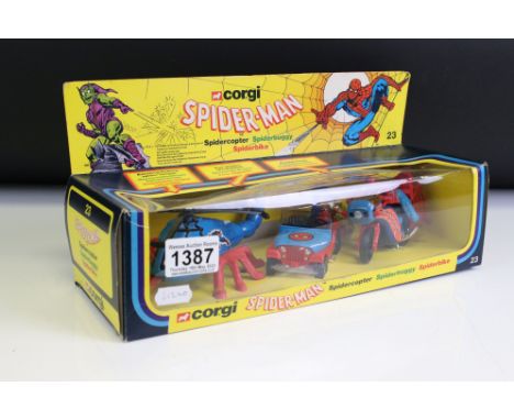 Boxed Corgi 23 Spiderman diecast model set complete with Spidercopter, Spiderbuggy and Spiderbike, diecast excellent and appe