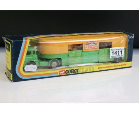 Boxed Corgi Major 1104 Bedford Horse Transporter 'Newmarket Racing Stables' diecast model complete with 4 x horse figures and