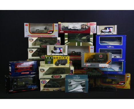 24 Boxed / cased diecast models, mainly military related, to include 7 x Omo Military Cars, 4 x Solido, Vanguards VA8008, Cor