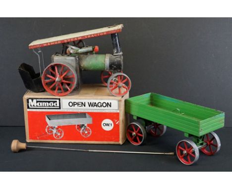 Mamod TE1A Steam Tractor Engine with steering rod, plus a boxed Mamod OW1 Open Wagon (engine dusty &amp; showing play wear / 