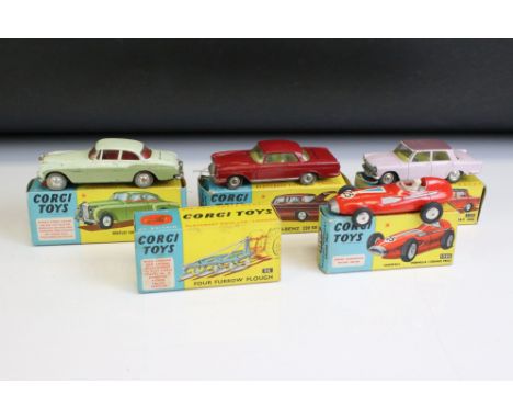 Four boxed Corgi diecast models to include 232 Fiat 2100 in pink with mauve roof, 1505S Vanwall Formula 1 Grand Prix in red, 