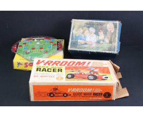 Three vintage toys &amp; games to include boxed Mattel V-Rroom Guide Whip Racer Car in red, early Chad Valley Escalado with m