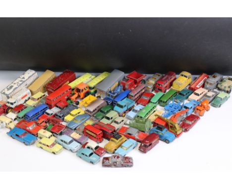 Around 100 mid 20th C play worn diecast models, mostly Matchbox Lesney, also includes Corgi &amp; Husky examples, featuring M