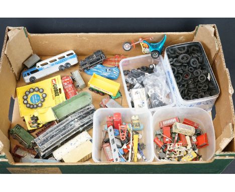 Collection of mid 20th C play worn diecast models, road signs &amp; street furniture, to include Dinky, Marx, Budgie and Lone