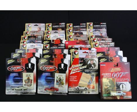 33 Carded James Bond 007 diecast models to include 19 x Corgi examples (99653, 99657, 99725, 99655, 99658, etc) and 14 x John