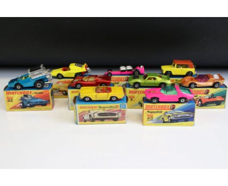 Nine boxed Matchbox Superfast diecast models to include 9 AMX Javelin, 40 Guildsman 1, 58 Woosh N Push (loss to box surface &