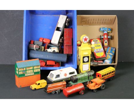 35 Play worn tin plate &amp; plastic models, mostly mid 20th C, to include Triang, Chad Valley and Brimtoy examples, featurin