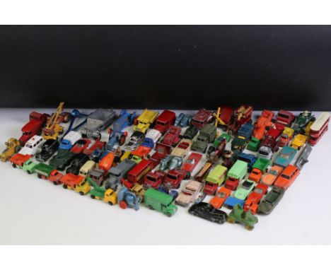 Around 85 mid 20th C play worn diecast models to include Matchbox, Dinky, Corgi and Lone Star Tuf-Tots, featuring Corgi Whizz