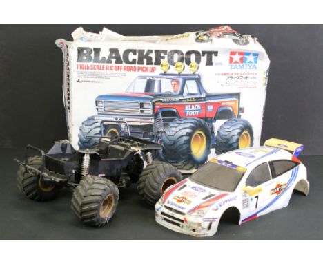Boxed Tamiya 58633 1/10 Blackfoot r/c Off Road Pick Up with Attack SR controller, contents unchecked and showing use, tatty b